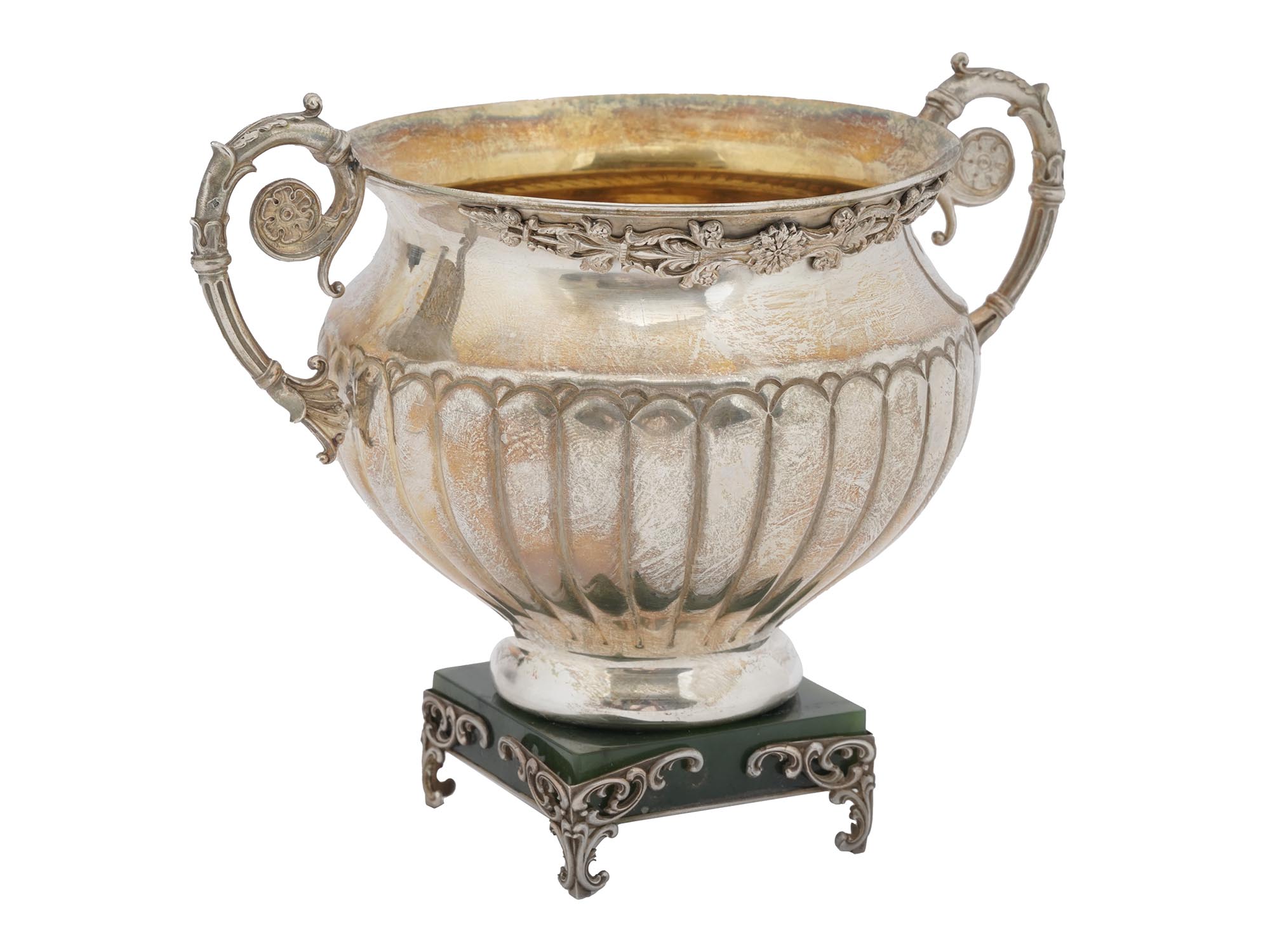 RUSSIAN SILVER GOLD WASH BOWL ON NEPHRITE BASE PIC-0